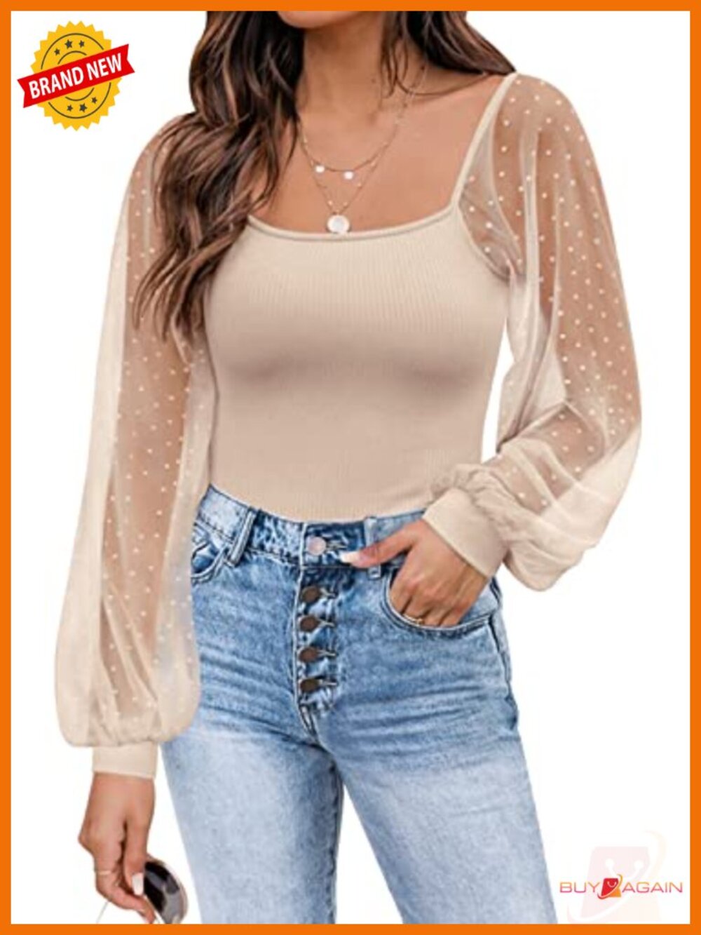 Mesh Long Sleeve Square Neck Blouse Puff Sleeve Swiss Dot Top
